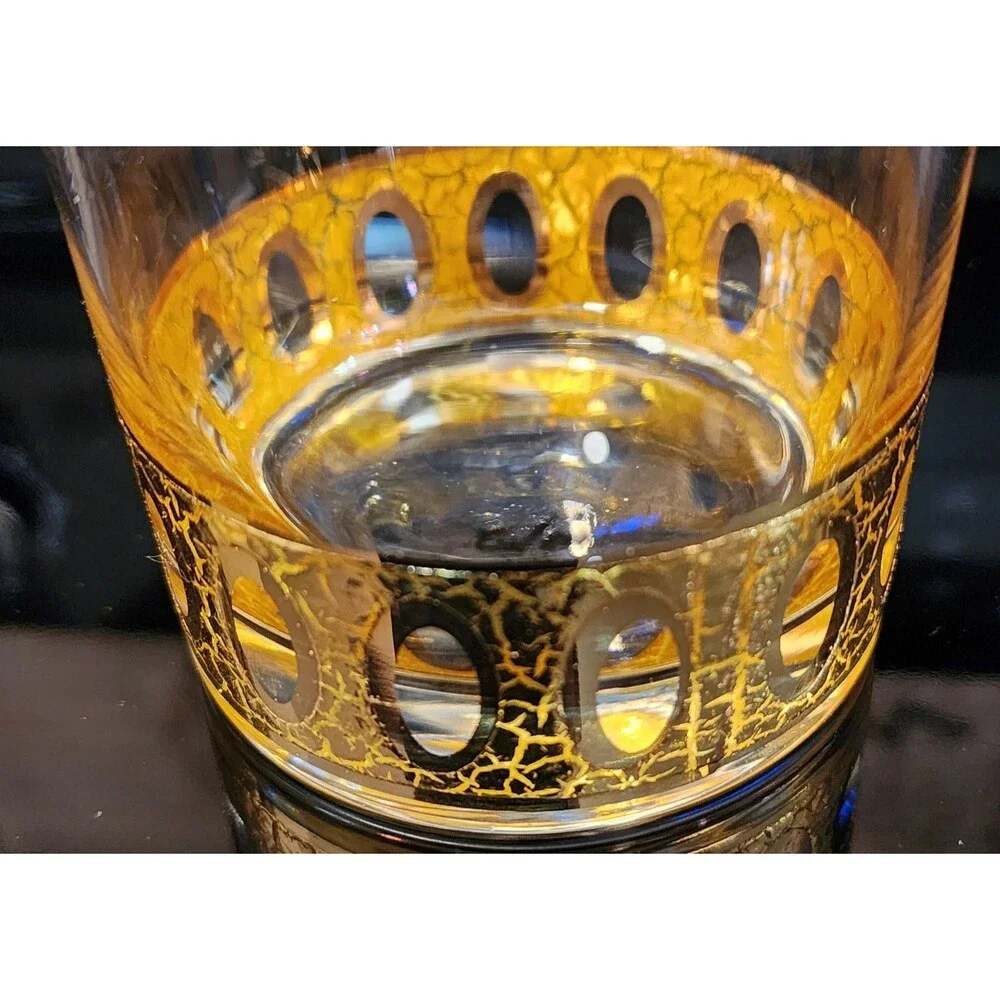 Vintage Set 8 Culver 1960s Low Ball Glasses 22K Gold Overlay Antigua